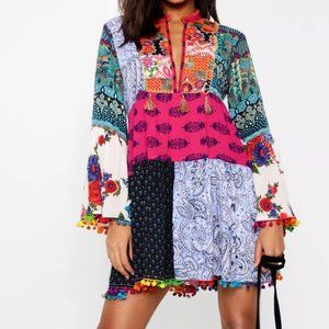 PATCHWORK PRINT TASSEL BOHO TRIM BELL SLEEVE MINI DRESS OR TOP NWT BOOHOO